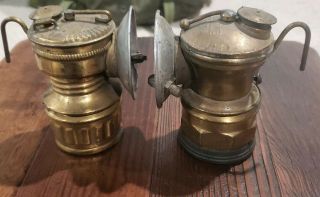 2 Vintage Carbide Miners Lamps Autolight & Guys Dropper Both Complete Brass