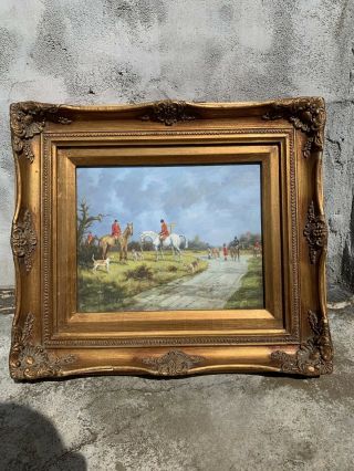13”x15” Antique Style Framed Oil Painting Of Men Horses & Hunting Dogs