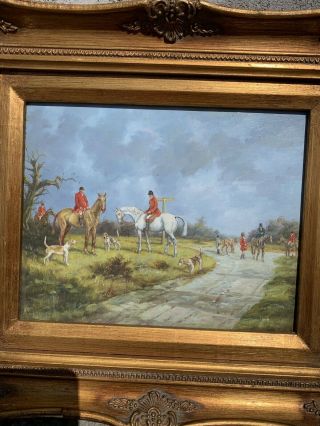 13”x15” Antique Style Framed Oil Painting Of Men Horses & Hunting Dogs 2