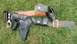 Vintage Vtg Leather Jay - Pee Police Duty Belt S&w Holster,  Mag,  Handcuff Pouch Etc