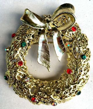 Signed Vintage Christmas Wreath Brooch Pin Large - Tancer Ii - Gold,  Rhinestone