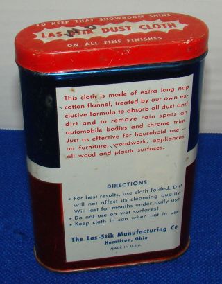 vintage LAS ' STIK - Polishing Wax Treated DUST CLOTH - METAL ADVERTISING CAN 3