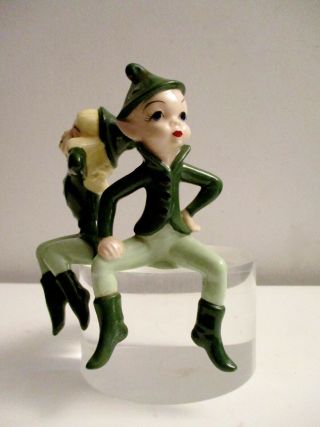 Vtg 1950 ' s Christmas Ceramic Elf & Elfette Shelf Sitter Pixie Figurines Kitsch 2