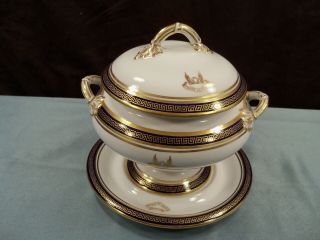Vintage Spode Copeland Individual Soup Tureen W/ Underplate Gold & Blue 2