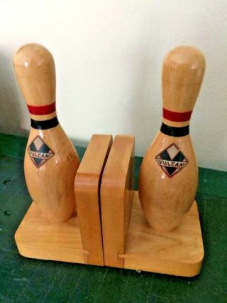 Vintage Bowling Pin Bookends W/bowling Pins Marked " Vulcan: 10 " Tall