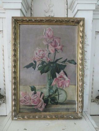 Omg Old Antique Rose Oil Painting Vase Of Pink Roses On Canvas Frame