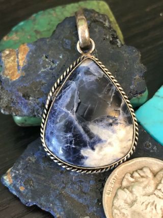 Vintage Native American Blue Sodalite Sterling Silver Marbled Oval Pendant 6 G