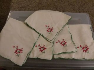 Set Of 5 Vintage Christmas Poinsettia Cotton Napkins Cream W/ Green Trim