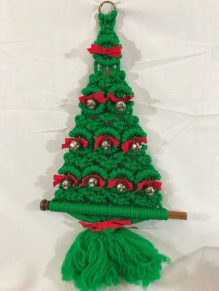 Vintage Mcm Macrame Green Christmas Tree Wall Hanging Red Bows Silver Bells