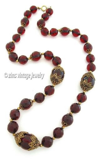 Vintage Old Art Deco Era Cherry Red Amber Bakelite Bead Brass Filigree Necklace