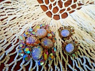 Vintage Brooch & Earrings Pale Blue Foil Art Glass Cabochons W/ Gold Ab Stones