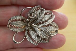 Vintage Costume Jewellery Brooch Pin Silver Tone Filigree Work Flower Gift Love