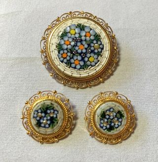 Vtg Micro Mosaic Clip Earrings Brooch Pin Set Flower Italy Italian Gold Tone