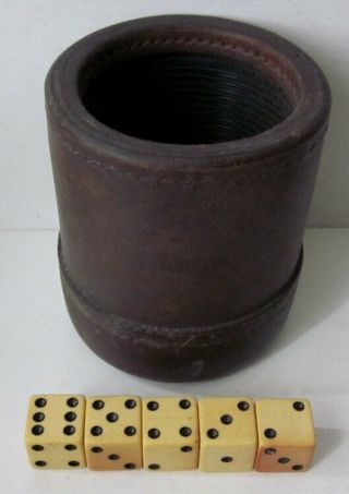 Vintage Leather Dice Cup With 5 - 3/4 " Bakelite Dice