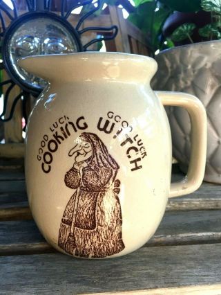 Vintage Good Luck Cooking Witch Pitcher Halloween Pottery Kitchen Witch