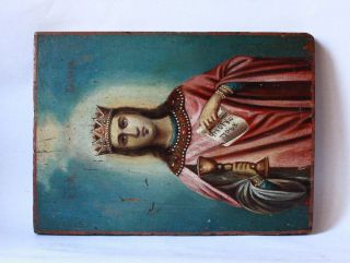 Antique 19th C Russian Hand Painted on Wood Panel Icon of Saint Barbara 3