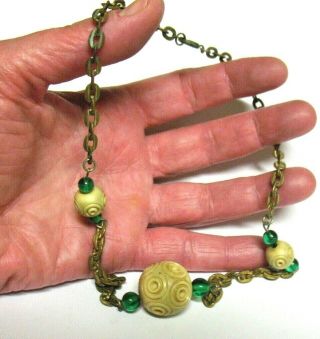 Gold Molded Plastic Cream Bead Green Glass Bead Necklace Vintage 15 Inches