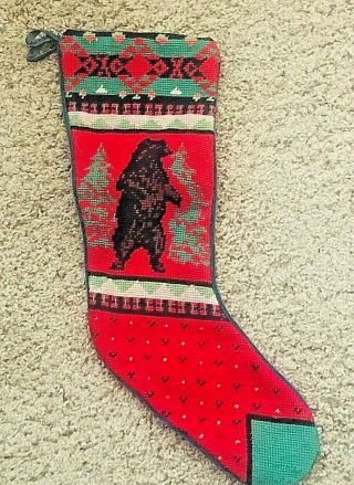 Vintage Needlepoint Christmas 20 " Stocking Brown Woodland Bear