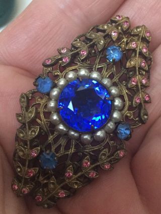 Vintage Art Deco Czech Filigree Faceted Blue/pink Glass Pearl Brooch/pin