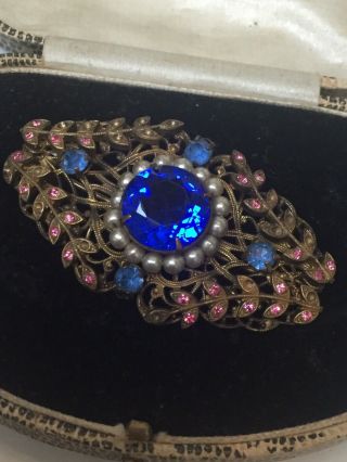 Vintage Art Deco Czech Filigree Faceted Blue/Pink Glass Pearl Brooch/Pin 2