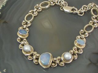 Natural Mabe Pearl & Opal Cabochon Vintage Sterling Silver 925 Link Bracelet