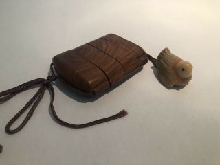 Antique Japanese Wooden Inro Box With Signed Carved Duck Netsuke