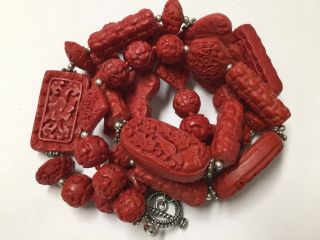 Vintage Chinese Carved Cinnabar Hand - Knotted Bead Necklace