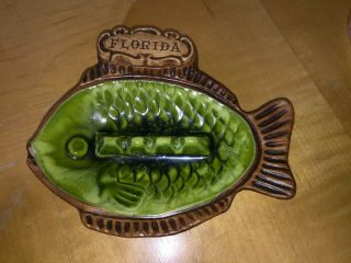Vtg Souvenir Florida Green Brown Treasure Craft Pottery Fish Ashtray 1076