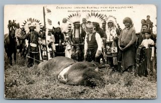 American Indian Chief Geronimo Carving Buffalo Antique Real Photo Postcard Rppc
