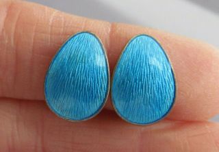 Vintage Ivar T Holth Norway Sterling Blue Guilloche Enamel Pear Clip Earrings