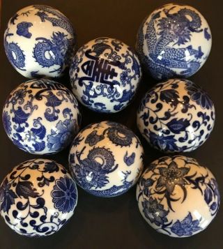 Vintage Set Of 8 Blue & White Ceramic Carpet Balls Home Decor Floral