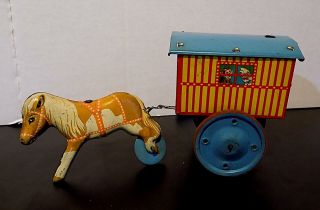 Vintage Tinplate Clockwork Gypsy Cart & Pony Toy,  Made In England,  As Found