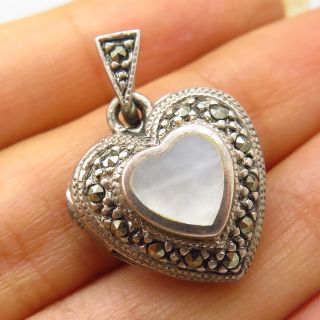 Vtg 925 Sterling Silver Mother - Of - Pearl & Marcasite Heart Design Locket Pendant