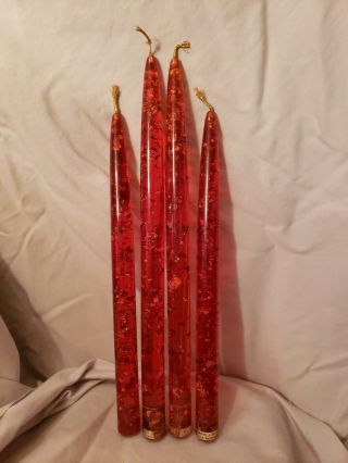 Set Of 4 Vintage Hempstead Red Lucite Tapered Faux Gold Flake Christmas Candles