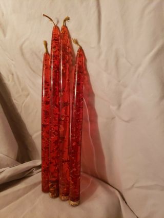 Set of 4 Vintage Hempstead Red Lucite Tapered Faux Gold Flake Christmas Candles 2