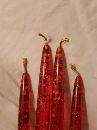 Set of 4 Vintage Hempstead Red Lucite Tapered Faux Gold Flake Christmas Candles 3