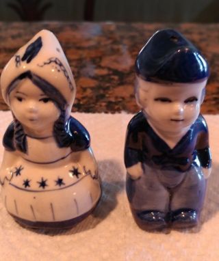 Vintage Ceramic Delft Dutch Girl & Boy Salt & Pepper Shakers Blue White Holland
