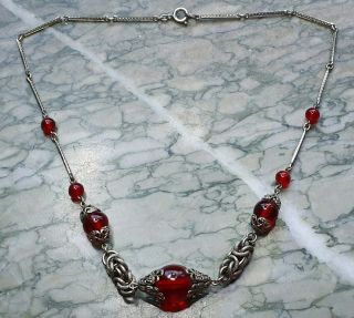 Vintage Art Deco Jakob Bengel Chrome & Red Glass Bead Necklace