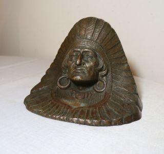 Antique Cast Bronzed Iron Figural Native American Indian Chief Doorstop Statue