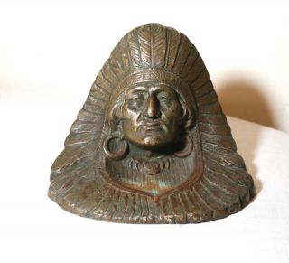antique cast bronzed iron Figural Native American Indian Chief doorstop statue 2
