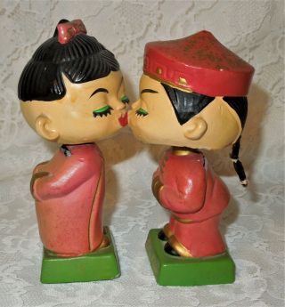 Kiss Me Bank Vintage Oriental Girl & Boy Kissing Bobble Head Nodder Dolls By Idc
