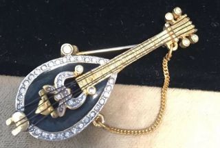 Vintage Enamel And Crystal Mandolin Brooch