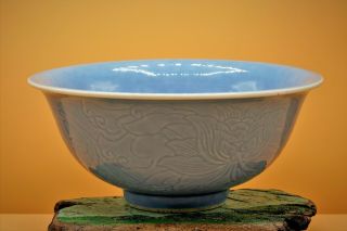 Rare - Antique,  Large Chinese Clair - De - Lune Bowl Incised Porcelain Lingzhi Lotus