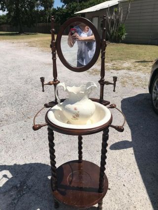 Vintage Antique Solid Wood Wash Basin With Pitcher & Mirror