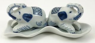 Vintage Elephant Porcelain Salt And Pepper Shakers With Tray Blue And White