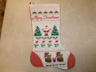 Vintage Handmade Christmas Stocking Cross Stitch Beaded 15 " Santa Tree Snowman