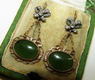One Of A Kind,  Antique Victorian 9 Ct Gold Earrings With Fine Jade/old Cut Paste
