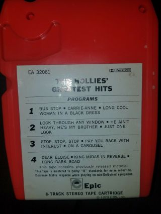 Vintage - The Hollies Greatest Hits RARE - 8 Track Audio Music Tape 2
