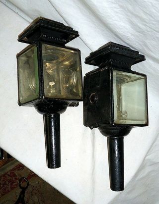Antique Matched Pair Carriage Coach Buggy Oil Lamps C 1890 Nickle Plate Lanterns