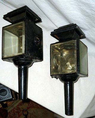 Antique Matched Pair Carriage Coach Buggy Oil Lamps c 1890 nickle plate lanterns 2